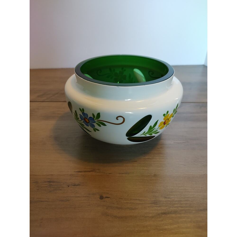 VTG BOHEMIAN CZECH Case ,White Cut Green Glass Painted Flowers Gold Bowl READ